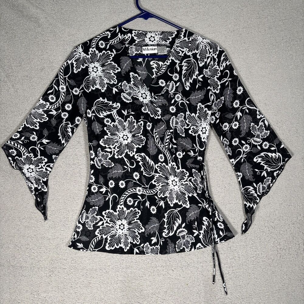 Millenium Faux Wrap Size S Sheer Black Dark Floral Y2K Fairy Whimsigoth‎ Witchy
